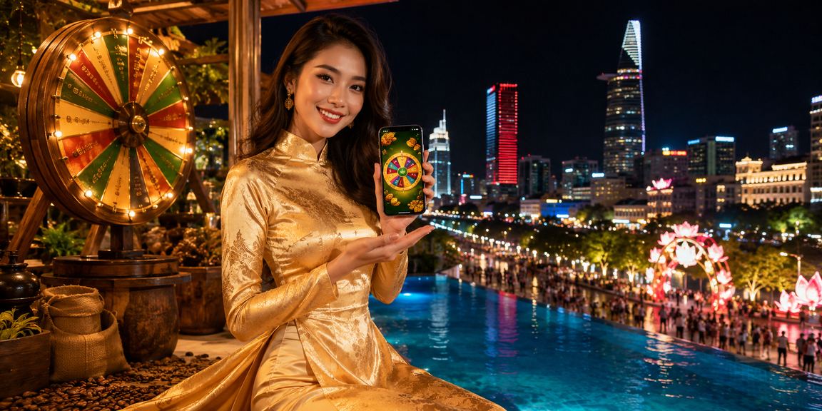 Khung cảnh TP.HCM buổi tối với bàn roulette live casino và người dùng mặc áo dài truyền thống Việt Nam