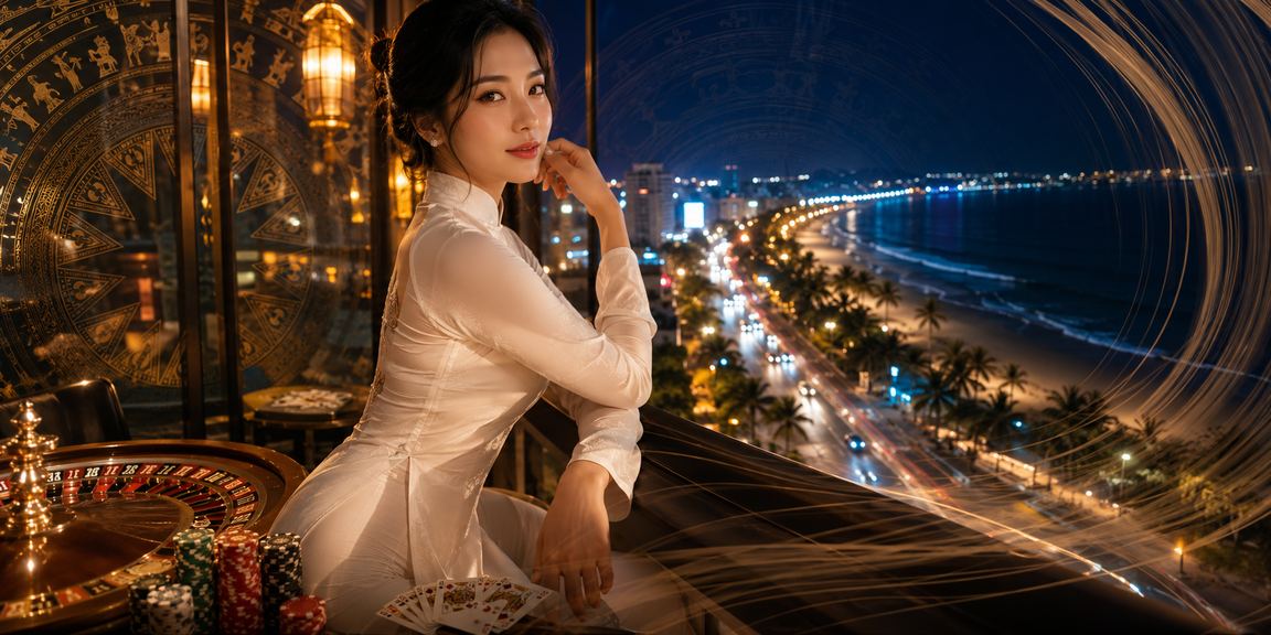 Khung cảnh biển Phan Thiết với người dùng theo dõi sự kiện thể thao trực tuyến